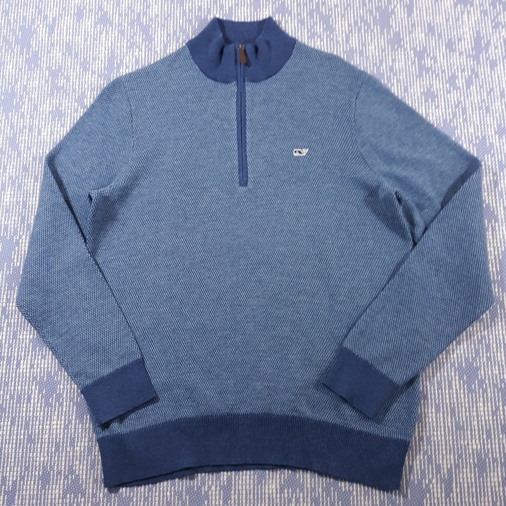 Vineyard Vines Merino Wool Sweater Mens Medium Blue Whale Logo 1/4 Zip Knit